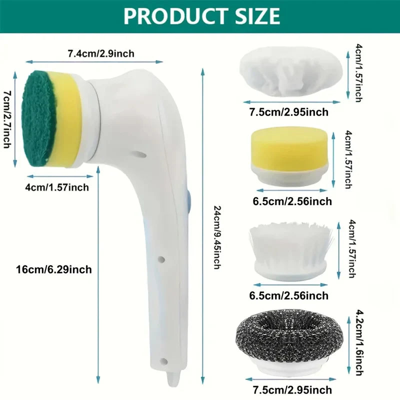 Measurement chart of a cleaning tool with various attachments and their dimensions.