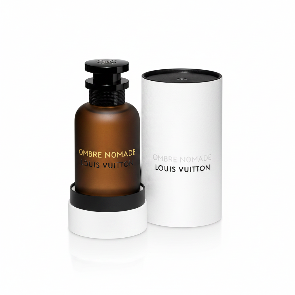 Louis Vuitton 'Ombre Nomade' perfume bottle and packaging on a white background