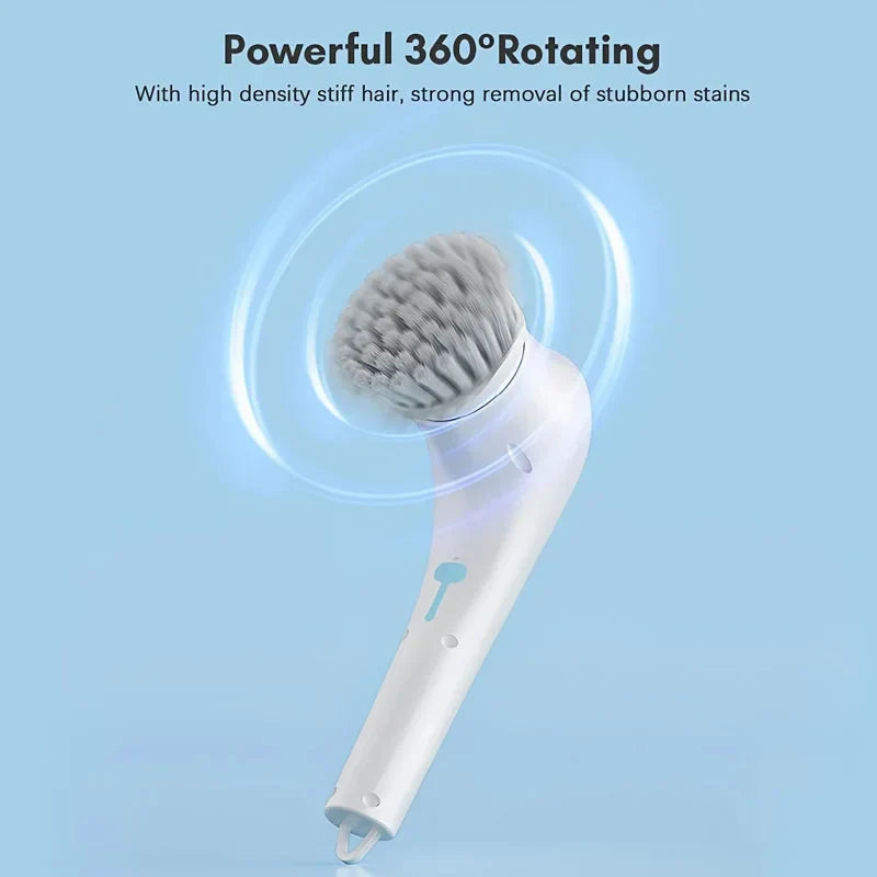 White cleaning brush with bristle head on a light blue background, featuring text about its rotation and stain removal capabilities.