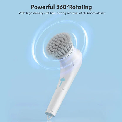 White cleaning brush with bristle head on a light blue background, featuring text about its rotation and stain removal capabilities.