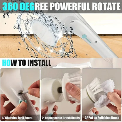 Cleaning tool with water flow and installation instructions on a wooden surface.