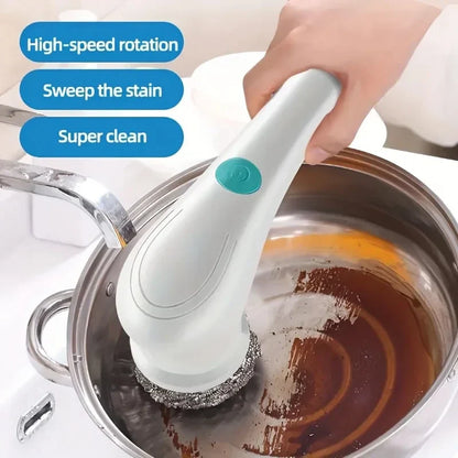 Cleaning tool being used to scrub a pot with text indicating high-speed rotation, sweeping stain, and super clean features.